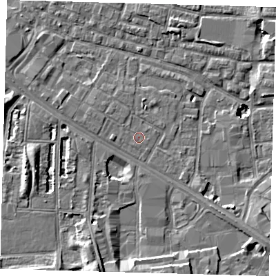 Shaded relief map of the ground around SE15PE, computed from Environment Agency LiDAR. The ground here sits at about 2 m above sea level and falls 11 m across the surrounding 800 m. The ground contributing surface water to this point lies to the north-west.