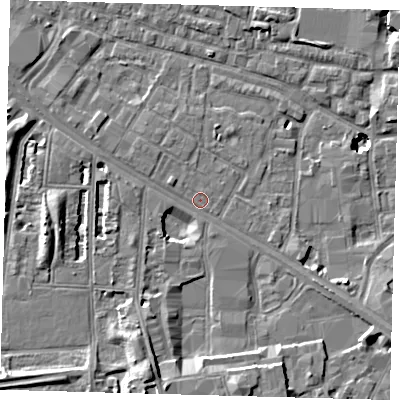 Shaded relief map of the ground around SE15PF, computed from Environment Agency LiDAR. The ground here sits at about 2 m above sea level and falls 11 m across the surrounding 800 m. Surface water reaching this point runs off ground lying to the south, 6.6 m higher.