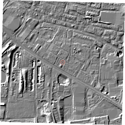 Shaded relief map of the ground around SE15PG, computed from Environment Agency LiDAR. The ground here sits at about 2 m above sea level and falls 10 m across the surrounding 800 m. Surface water reaching this point runs off ground lying to the south-south-west, 0.7 m higher.