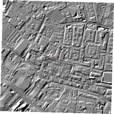 Shaded relief map of the ground around SE15PN, computed from Environment Agency LiDAR. The ground here sits at about 3 m above sea level and falls 6 m across the surrounding 800 m. Surface water reaching this point runs off ground lying to the north-north-east, 3.9 m higher.