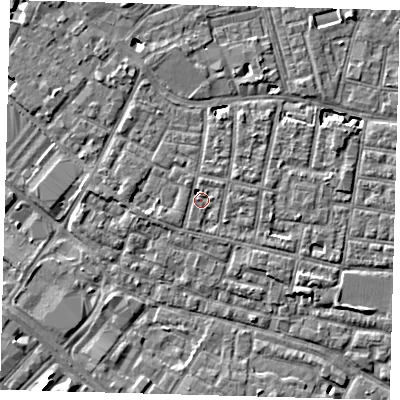 Shaded relief map of the ground around SE15PR, computed from Environment Agency LiDAR. The ground here sits at about 3 m above sea level and falls 6 m across the surrounding 800 m. Surface water reaching this point runs off ground lying to the north, 3.9 m higher.