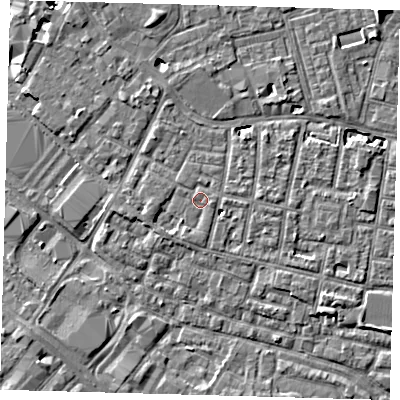 Shaded relief map of the ground around SE15PS, computed from Environment Agency LiDAR. The ground here sits at about 3 m above sea level and falls 6 m across the surrounding 800 m. Surface water reaching this point runs off ground lying to the west-south-west, 1.4 m higher.