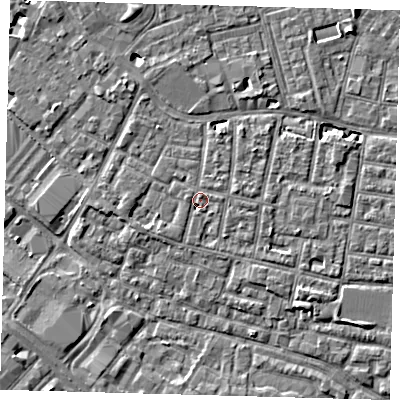 Shaded relief map of the ground around SE15PT, computed from Environment Agency LiDAR. The ground here sits at about 3 m above sea level and falls 5 m across the surrounding 800 m. Surface water reaching this point runs off ground lying to the north-north-east, 3.9 m higher.