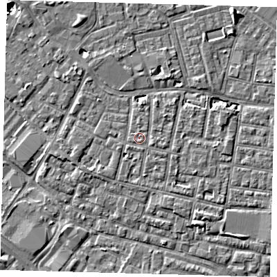 Shaded relief map of the ground around SE15PU, computed from Environment Agency LiDAR. The ground here sits at about 3 m above sea level and falls 7 m across the surrounding 800 m. Surface water reaching this point runs off ground lying to the south, 0.6 m higher.