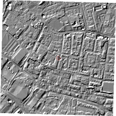 Shaded relief map of the ground around SE15PW, computed from Environment Agency LiDAR. The ground here sits at about 3 m above sea level and falls 5 m across the surrounding 800 m. Surface water reaching this point runs off ground lying to the west-south-west, 1.2 m higher.
