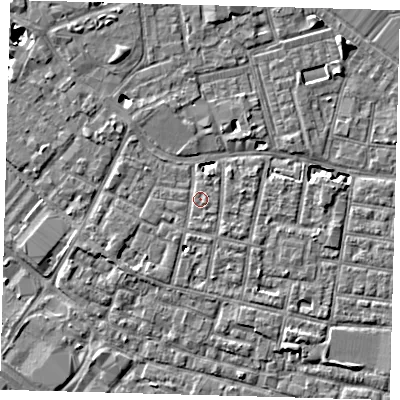 Shaded relief map of the ground around SE15PX, computed from Environment Agency LiDAR. The ground here sits at about 3 m above sea level and falls 7 m across the surrounding 800 m. Surface water reaching this point runs off ground lying to the west-south-west, 1.4 m higher.