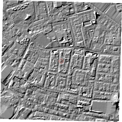 Shaded relief map of the ground around SE15PY, computed from Environment Agency LiDAR. The ground here sits at about 3 m above sea level and falls 7 m across the surrounding 800 m. Surface water reaching this point runs off ground lying to the south, 0.9 m higher.