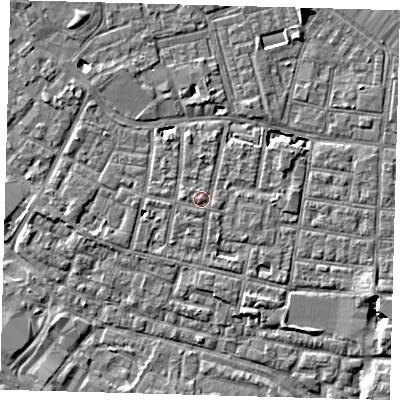 Shaded relief map of the ground around SE15PZ, computed from Environment Agency LiDAR. The ground here sits at about 3 m above sea level and falls 6 m across the surrounding 800 m. Surface water reaching this point runs off ground lying to the south-south-west, 0.7 m higher.