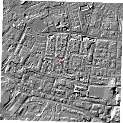 Shaded relief map of the ground around SE15QA, computed from Environment Agency LiDAR. The ground here sits at about 3 m above sea level and falls 5 m across the surrounding 800 m. Surface water reaching this point runs off ground lying to the south-west, 0.6 m higher.