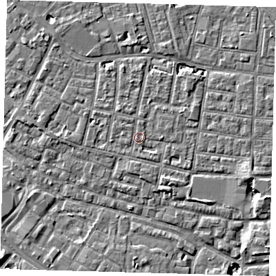 Shaded relief map of the ground around SE15QD, computed from Environment Agency LiDAR. The ground here sits at about 3 m above sea level and falls 8 m across the surrounding 800 m. Surface water reaching this point runs off ground lying to the south-south-east, 2.0 m higher.