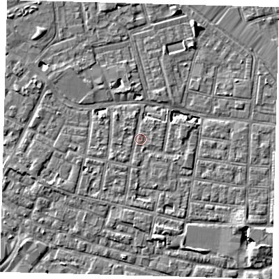 Shaded relief map of the ground around SE15QE, computed from Environment Agency LiDAR. The ground here sits at about 2 m above sea level and falls 7 m across the surrounding 800 m. Surface water reaching this point runs off ground lying to the north-west, 1.1 m higher.