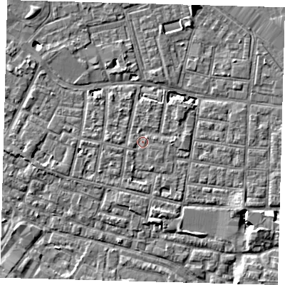 Shaded relief map of the ground around SE15QF, computed from Environment Agency LiDAR. The ground here sits at about 2 m above sea level and falls 6 m across the surrounding 800 m. Surface water reaching this point runs off ground lying to the east, 1.1 m higher.