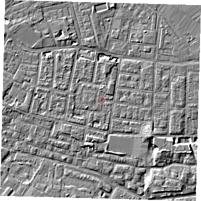 Shaded relief map of the ground around SE15QH, computed from Environment Agency LiDAR. The ground here sits at about 2 m above sea level and falls 6 m across the surrounding 800 m. Surface water reaching this point runs off ground lying to the south-south-west, 2.0 m higher.
