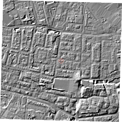 Shaded relief map of the ground around SE15QJ, computed from Environment Agency LiDAR. The ground here sits at about 2 m above sea level and falls 8 m across the surrounding 800 m. Surface water reaching this point runs off ground lying to the south-west, 2.0 m higher.