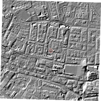 Shaded relief map of the ground around SE15QL, computed from Environment Agency LiDAR. The ground here sits at about 3 m above sea level and falls 8 m across the surrounding 800 m. Surface water reaching this point runs off ground lying to the south-south-east, 2.0 m higher.