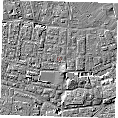 Shaded relief map of the ground around SE15QN, computed from Environment Agency LiDAR. The ground here sits at about 2 m above sea level and falls 8 m across the surrounding 800 m. Surface water reaching this point runs off ground lying to the south-south-east, 2.1 m higher.