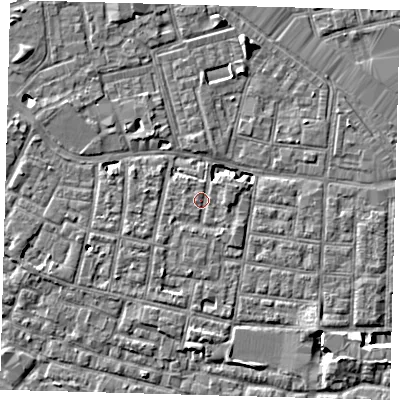 Shaded relief map of the ground around SE15QQ, computed from Environment Agency LiDAR. The ground here sits at about 2 m above sea level and falls 7 m across the surrounding 800 m. Surface water reaching this point runs off ground lying to the south-east, 1.1 m higher.