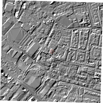 Shaded relief map of the ground around SE15QR, computed from Environment Agency LiDAR. The ground here sits at about 3 m above sea level and falls 6 m across the surrounding 800 m. Surface water reaching this point runs off ground lying to the south-west, 1.4 m higher.
