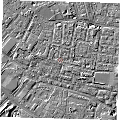 Shaded relief map of the ground around SE15QT, computed from Environment Agency LiDAR. The ground here sits at about 2 m above sea level and falls 8 m across the surrounding 800 m. Surface water reaching this point runs off ground lying to the north, 0.9 m higher.