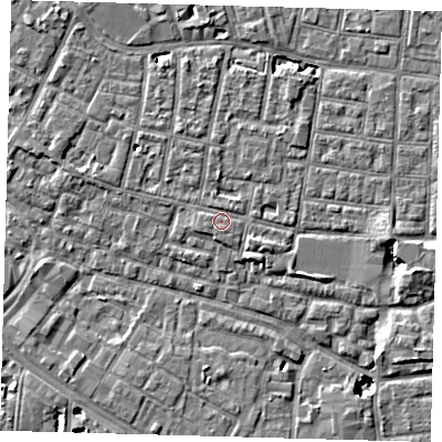Shaded relief map of the ground around SE15QU, computed from Environment Agency LiDAR. The ground here sits at about 3 m above sea level and falls 8 m across the surrounding 800 m. Surface water reaching this point runs off ground lying to the west-south-west, 1.0 m higher.