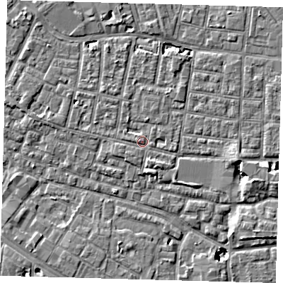 Shaded relief map of the ground around SE15QX, computed from Environment Agency LiDAR. The ground here sits at about 3 m above sea level and falls 8 m across the surrounding 800 m. Surface water reaching this point runs off ground lying to the south-south-east, 2.0 m higher.