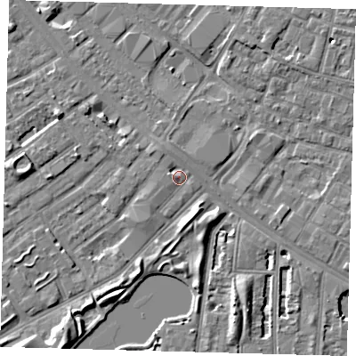 Shaded relief map of the ground around SE15QY, computed from Environment Agency LiDAR. The ground here sits at about 3 m above sea level and falls 7 m across the surrounding 800 m. Surface water reaching this point runs off ground lying to the north-west, 1.6 m higher.