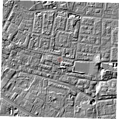 Shaded relief map of the ground around SE15RA, computed from Environment Agency LiDAR. The ground here sits at about 3 m above sea level and falls 8 m across the surrounding 800 m. Surface water reaching this point runs off ground lying to the south-south-east, 1.4 m higher.