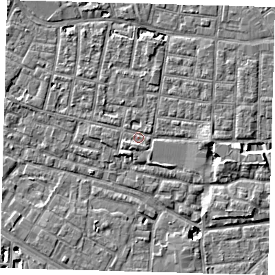 Shaded relief map of the ground around SE15RB, computed from Environment Agency LiDAR. The ground here sits at about 3 m above sea level and falls 8 m across the surrounding 800 m. Surface water reaching this point runs off ground lying to the south-south-west, 2.1 m higher.