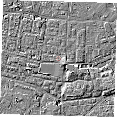Shaded relief map of the ground around SE15RD, computed from Environment Agency LiDAR. The ground here sits at about 2 m above sea level and falls 8 m across the surrounding 800 m. Surface water reaching this point runs off ground lying to the south-east, 2.1 m higher.