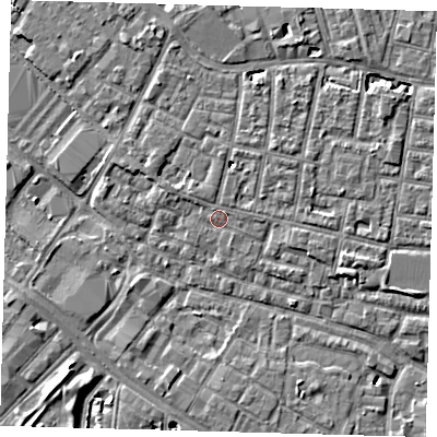 Shaded relief map of the ground around SE15RE, computed from Environment Agency LiDAR. The ground here sits at about 2 m above sea level and falls 6 m across the surrounding 800 m. Surface water reaching this point runs off ground lying to the north-north-east, 3.9 m higher.