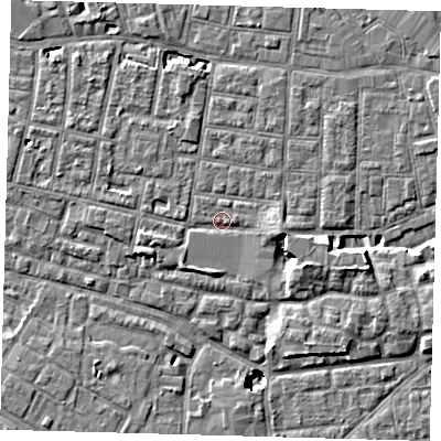 Shaded relief map of the ground around SE15RF, computed from Environment Agency LiDAR. The ground here sits at about 2 m above sea level and falls 8 m across the surrounding 800 m. Surface water reaching this point runs off ground lying to the east-south-east, 2.4 m higher.