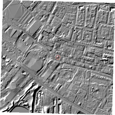 Shaded relief map of the ground around SE15RG, computed from Environment Agency LiDAR. The ground here sits at about 2 m above sea level and falls 6 m across the surrounding 800 m. Surface water reaching this point runs off ground lying to the north-north-west, 2.8 m higher.