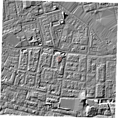 Shaded relief map of the ground around SE15RH, computed from Environment Agency LiDAR. The ground here sits at about 3 m above sea level and falls 7 m across the surrounding 800 m. Surface water reaching this point runs off ground lying to the south-south-west, 0.9 m higher.