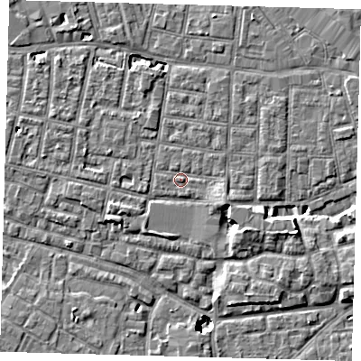 Shaded relief map of the ground around SE15RJ, computed from Environment Agency LiDAR. The ground here sits at about 2 m above sea level and falls 8 m across the surrounding 800 m. Surface water reaching this point runs off ground lying to the east-south-east, 2.4 m higher.