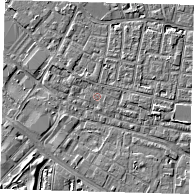 Shaded relief map of the ground around SE15RL, computed from Environment Agency LiDAR. The ground here sits at about 2 m above sea level and falls 6 m across the surrounding 800 m. Surface water reaching this point runs off ground lying to the north, 0.9 m higher.