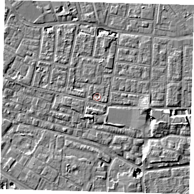 Shaded relief map of the ground around SE15RN, computed from Environment Agency LiDAR. The ground here sits at about 2 m above sea level and falls 8 m across the surrounding 800 m. Surface water reaching this point runs off ground lying to the south, 2.1 m higher.