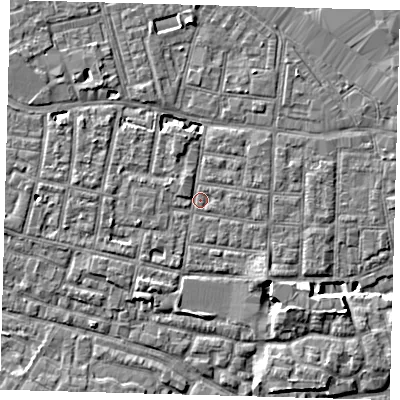 Shaded relief map of the ground around SE15RP, computed from Environment Agency LiDAR. The ground here sits at about 2 m above sea level and falls 6 m across the surrounding 800 m. Surface water reaching this point runs off ground lying to the west-north-west, 1.0 m higher.