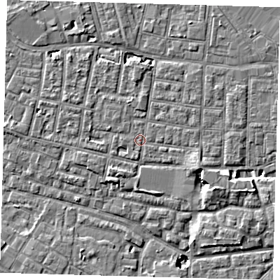 Shaded relief map of the ground around SE15RQ, computed from Environment Agency LiDAR. The ground here sits at about 2 m above sea level and falls 8 m across the surrounding 800 m. Surface water reaching this point runs off ground lying to the south-south-west, 2.1 m higher.