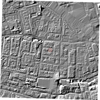 Shaded relief map of the ground around SE15RR, computed from Environment Agency LiDAR. The ground here sits at about 2 m above sea level and falls 8 m across the surrounding 800 m. Surface water reaching this point runs off ground lying to the north-north-east, 0.6 m higher.