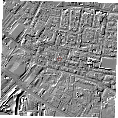 Shaded relief map of the ground around SE15RS, computed from Environment Agency LiDAR. The ground here sits at about 2 m above sea level and falls 6 m across the surrounding 800 m. Surface water reaching this point runs off ground lying to the north-north-west, 0.6 m higher.
