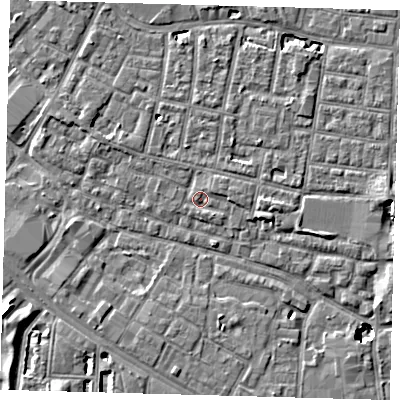 Shaded relief map of the ground around SE15RT, computed from Environment Agency LiDAR. The ground here sits at about 2 m above sea level and falls 8 m across the surrounding 800 m. Surface water reaching this point runs off ground lying to the east-north-east, 4.0 m higher.