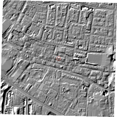 Shaded relief map of the ground around SE15RU, computed from Environment Agency LiDAR. The ground here sits at about 2 m above sea level and falls 8 m across the surrounding 800 m. Surface water reaching this point runs off ground lying to the north-north-east, 4.0 m higher.