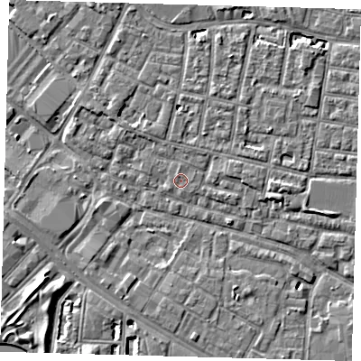 Shaded relief map of the ground around SE15RW, computed from Environment Agency LiDAR. The ground here sits at about 2 m above sea level and falls 6 m across the surrounding 800 m. Surface water reaching this point runs off ground lying to the north-north-west, 0.6 m higher.