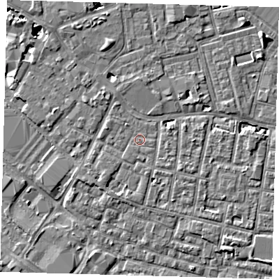 Shaded relief map of the ground around SE15RY, computed from Environment Agency LiDAR. The ground here sits at about 3 m above sea level and falls 7 m across the surrounding 800 m. Surface water reaching this point runs off ground lying to the west-north-west, 1.2 m higher.