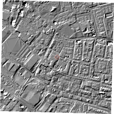 Shaded relief map of the ground around SE15SA, computed from Environment Agency LiDAR. The ground here sits at about 3 m above sea level and falls 6 m across the surrounding 800 m. Surface water reaching this point runs off ground lying to the south-west, 1.4 m higher.