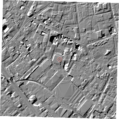 Shaded relief map of the ground around SE15SF, computed from Environment Agency LiDAR. The ground here sits at about 3 m above sea level and falls 8 m across the surrounding 800 m. Surface water reaching this point runs off ground lying to the north-east, 1.2 m higher.