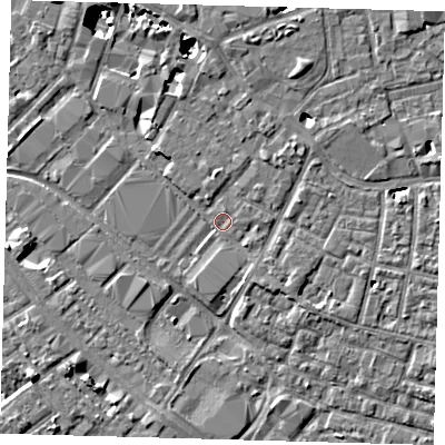 Shaded relief map of the ground around SE15SH, computed from Environment Agency LiDAR. The ground here sits at about 2 m above sea level and falls 8 m across the surrounding 800 m. Surface water reaching this point runs off ground lying to the north-east, 2.3 m higher.