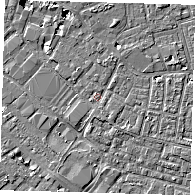 Shaded relief map of the ground around SE15SJ, computed from Environment Agency LiDAR. The ground here sits at about 3 m above sea level and falls 7 m across the surrounding 800 m. Surface water reaching this point runs off ground lying to the north-north-east, 1.4 m higher.