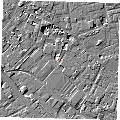 Shaded relief map of the ground around SE15SL, computed from Environment Agency LiDAR. The ground here sits at about 3 m above sea level and falls 8 m across the surrounding 800 m. Surface water reaching this point runs off ground lying to the north-north-east, 4.8 m higher.
