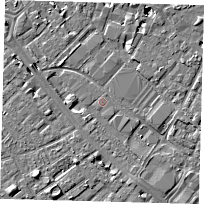 Shaded relief map of the ground around SE15SR, computed from Environment Agency LiDAR. The ground here sits at about 2 m above sea level and falls 9 m across the surrounding 800 m. The ground contributing surface water to this point lies to the west-north-west.